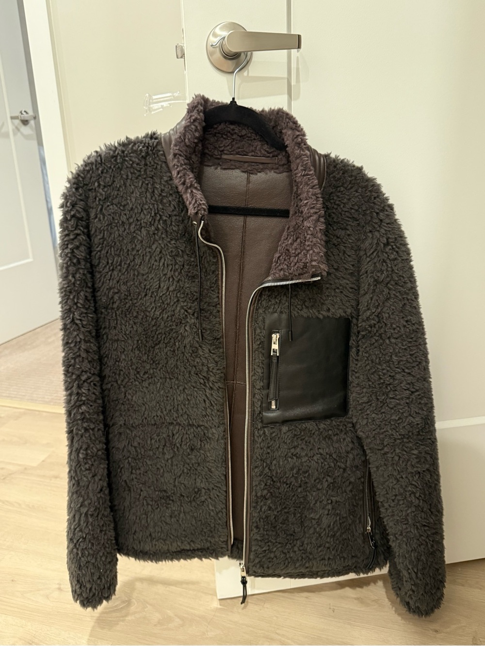 Men's Charcoal Sherpa Zip Jacket with Leather Chest Pocket Accent